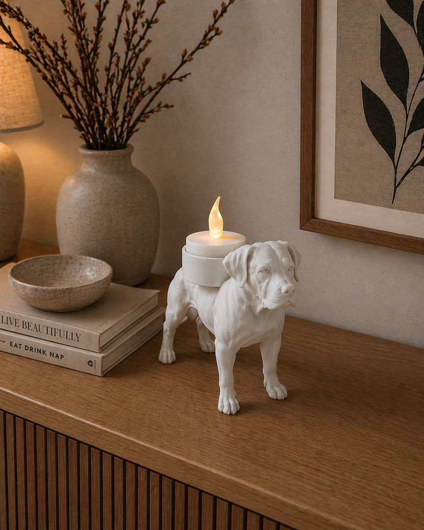 Matte witte Presa Canario waxinelichthouder met LED-waxinelichtje op houten kast langs de wand in gezellige huiselijke setting.