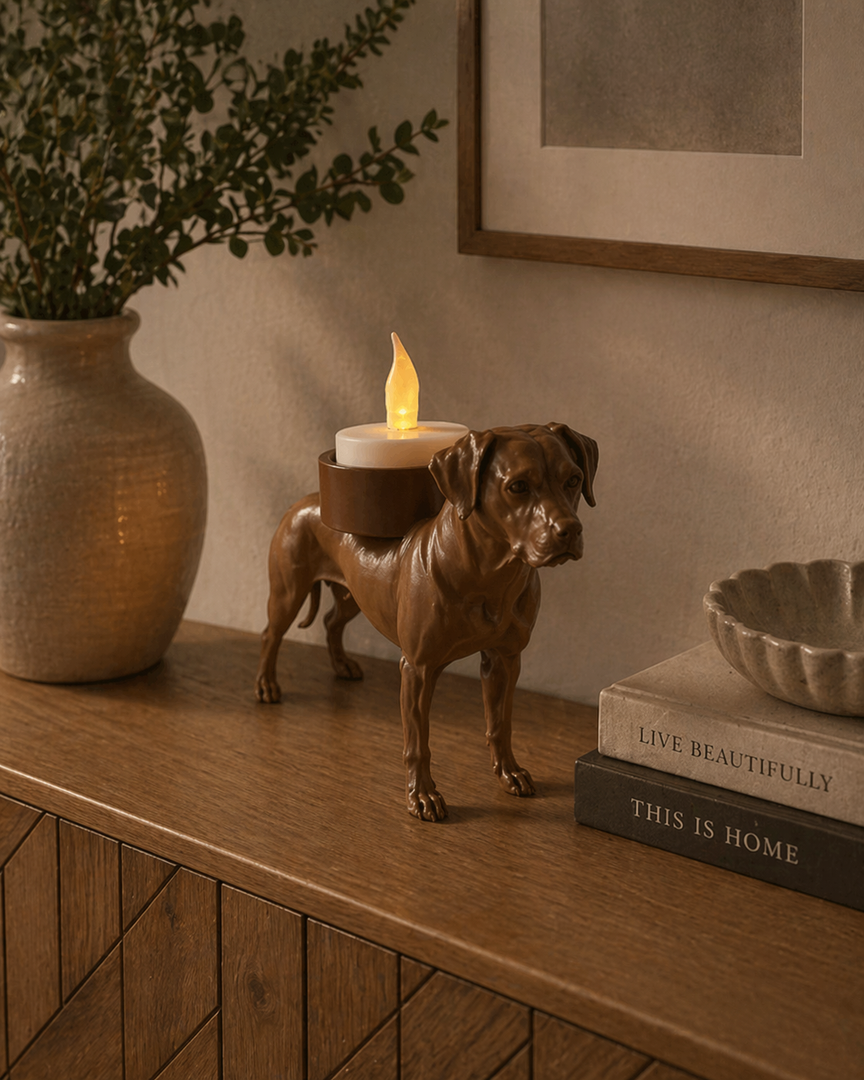 Bruine Rhodesian Ridgeback waxinelichthouder met LED-waxinelichtje op houten kast in gezellige huiselijke omgeving.