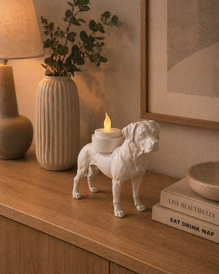 Matte witte Rhodesian Ridgeback waxinelichthouder met LED-waxinelichtje op houten kast in warme huiselijke woonkamer.