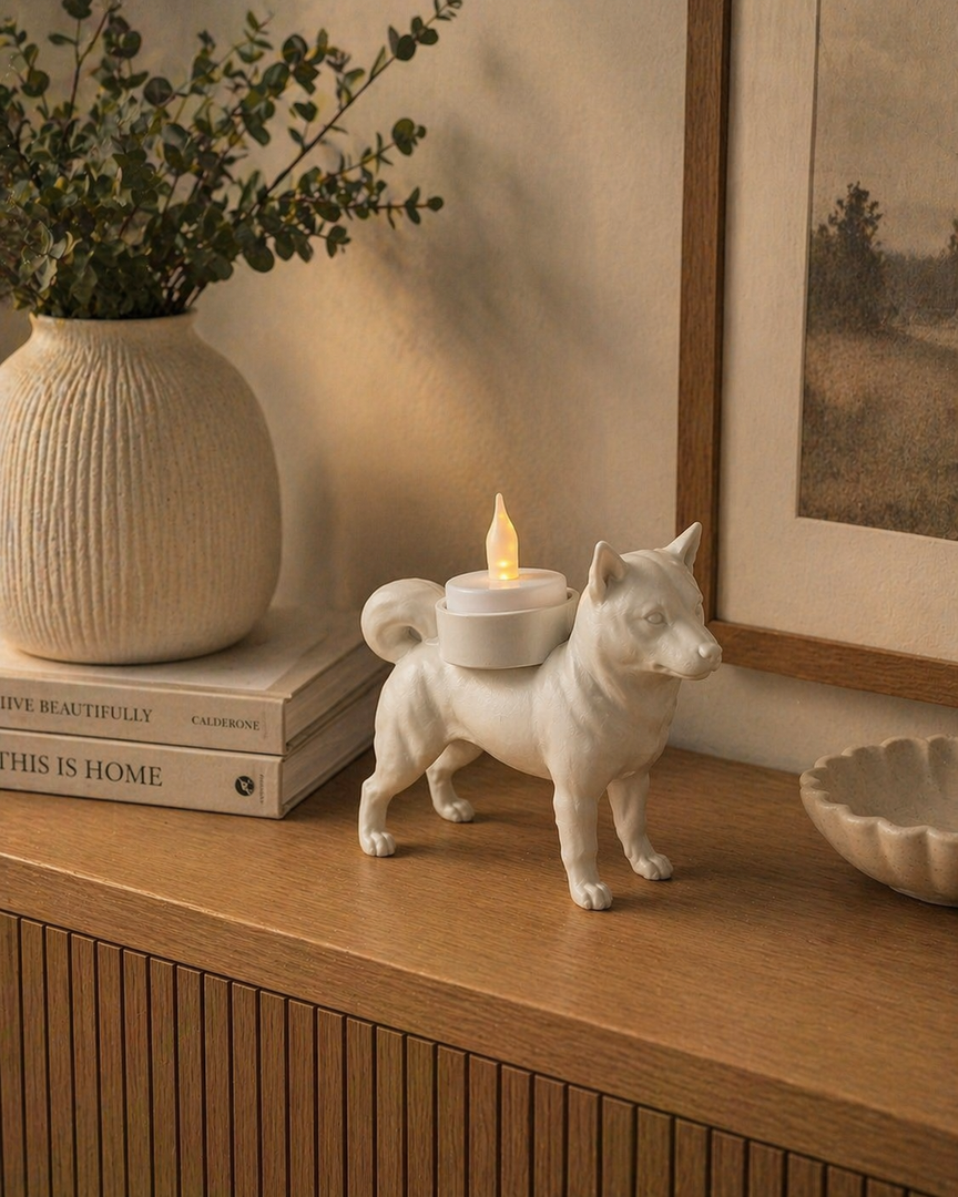 Witte Shiba Inu waxinelichthouder met LED-waxinelichtje op een houten kastje in warme huiselijke omgeving.
