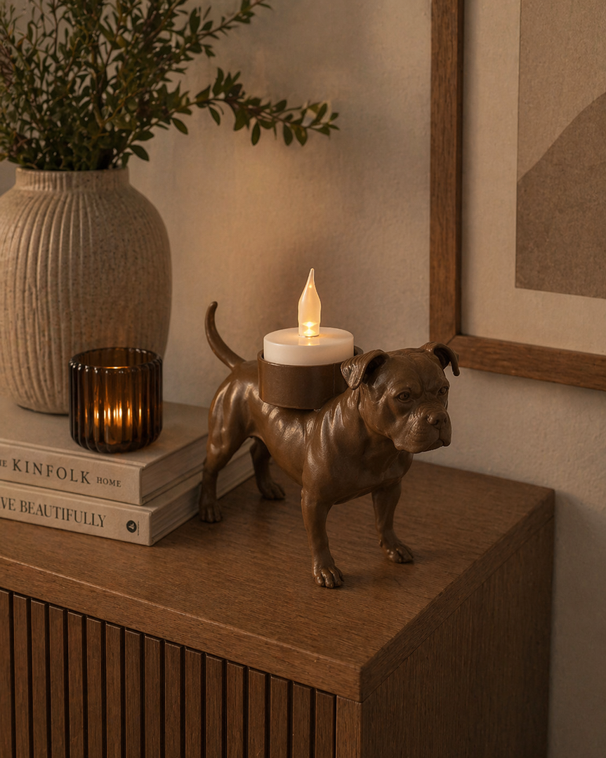 Bruine Staffordshire Bull Terrier waxinelichthouder met LED-waxinelichtje op houten kast met vaas en kaarslicht in gezellige woonruimte.