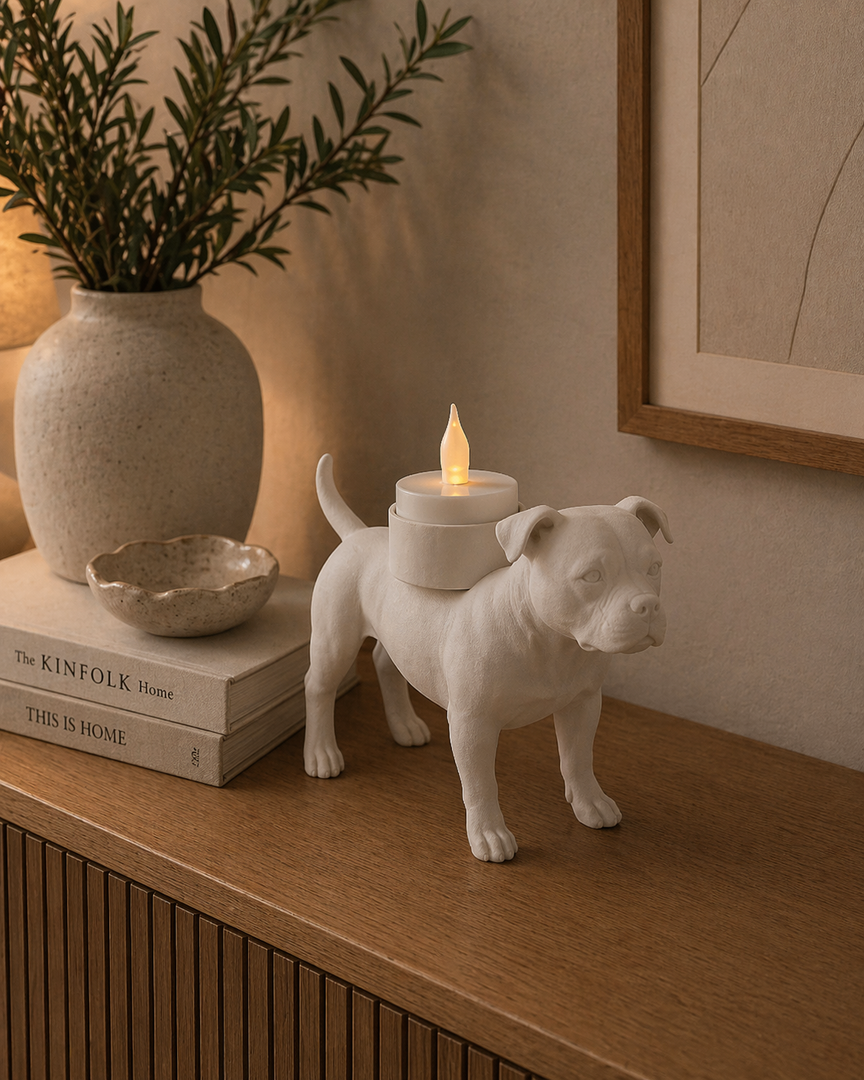 Matte zwarte Staffordshire Bull Terrier waxinelichthouder met LED-waxinelichtje op kastje in sfeervolle woonkamer.