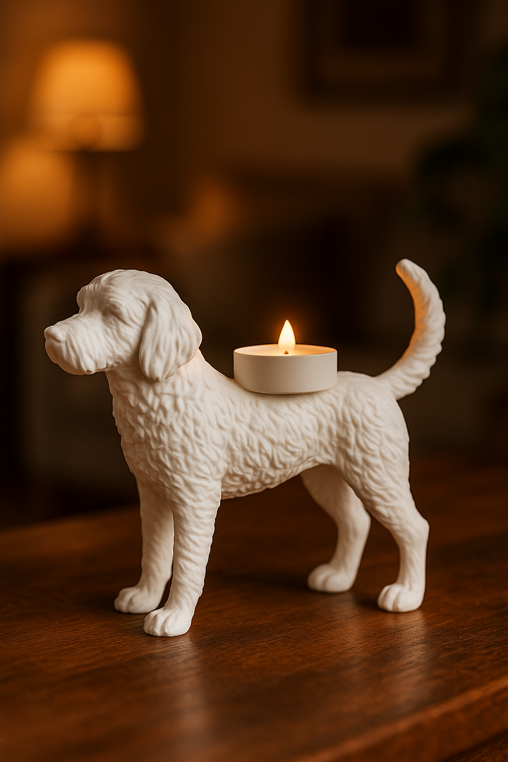 Waxinelichthouder Labradoodle – 3D-Geprint Hond Beeldje – Zwart | Wit | Bruin