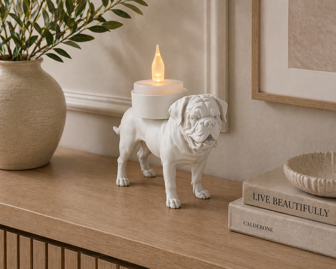 Witte Bordeauxdog hond waxinelichthouder met brandend waxinelicht op houten tafel naast boeken en vaas.
