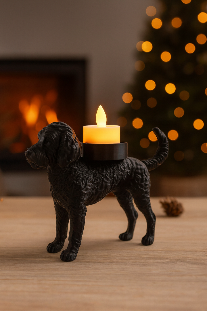 Waxinelichthouder Labradoodle – 3D-Geprint Hond Beeldje – Zwart | Wit | Bruin