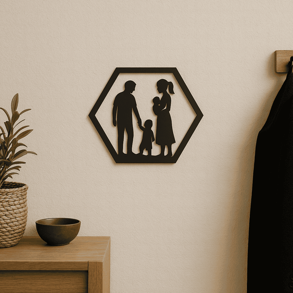 Wanddecoratie Familie – Ouders met Baby & Peuter – Silhouet in Hexagon Frame – PLA – Zwart | Antraciet | Grijs | Wit – 175×151 mm