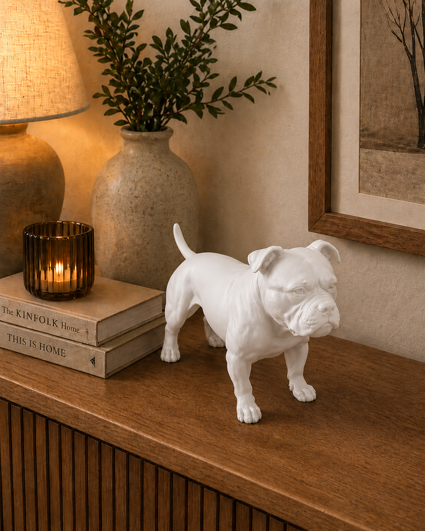 Wit American Bully hondenbeeld op moderne woondecoratie stijl