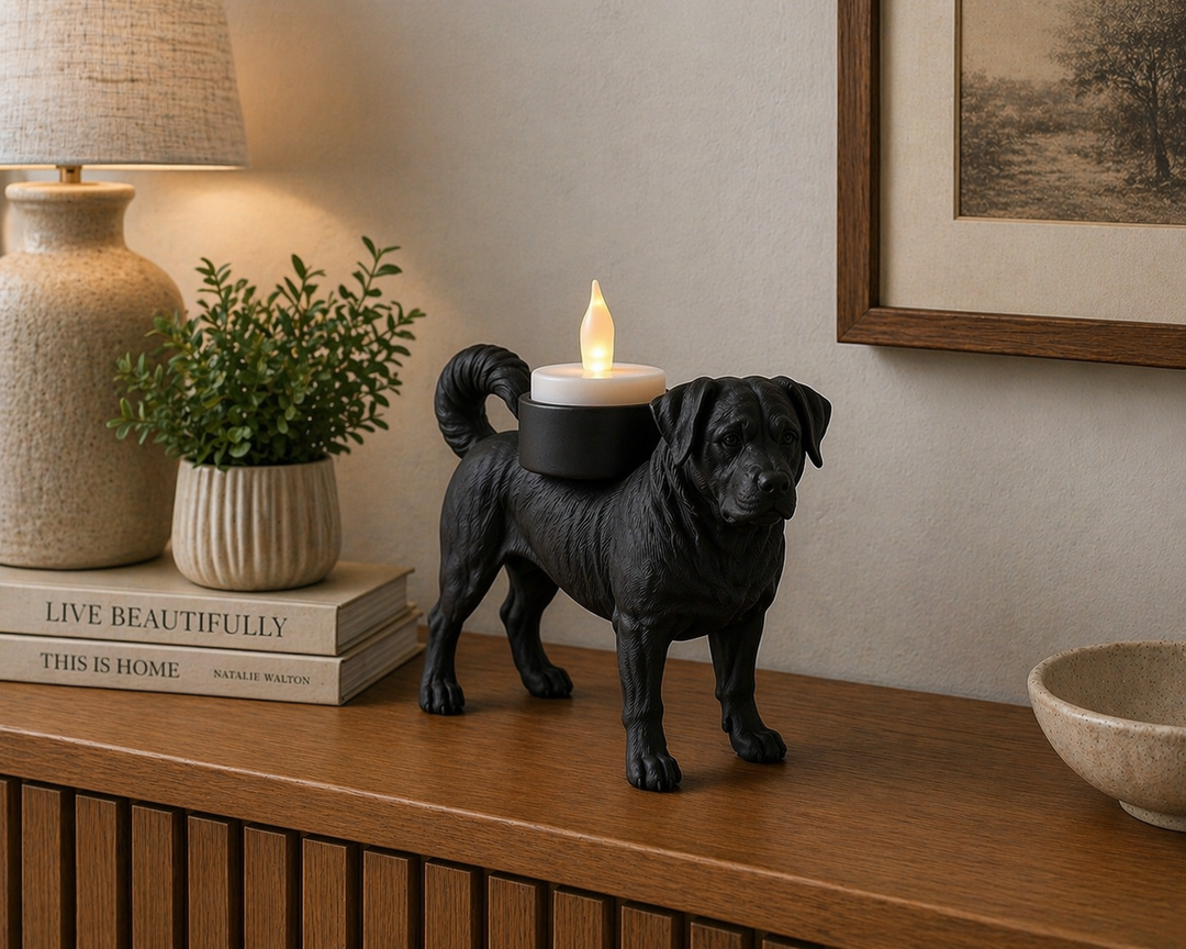     Zwarte Appenzeller Sennenhond waxinelichthouder op houten kast met warme verlichting in modern interieur.