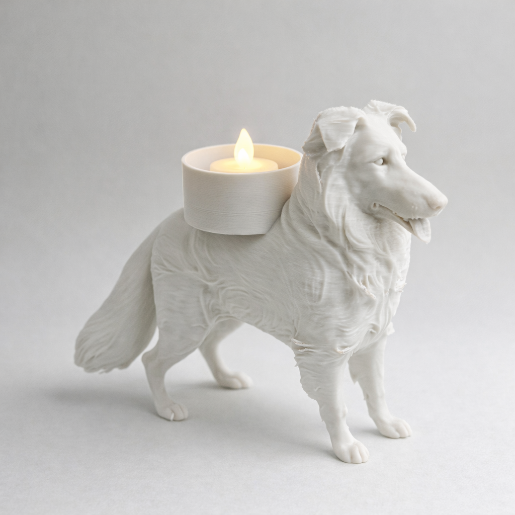 Border Collie waxinelichthouder wit met LED waxinelichtje in studio setting