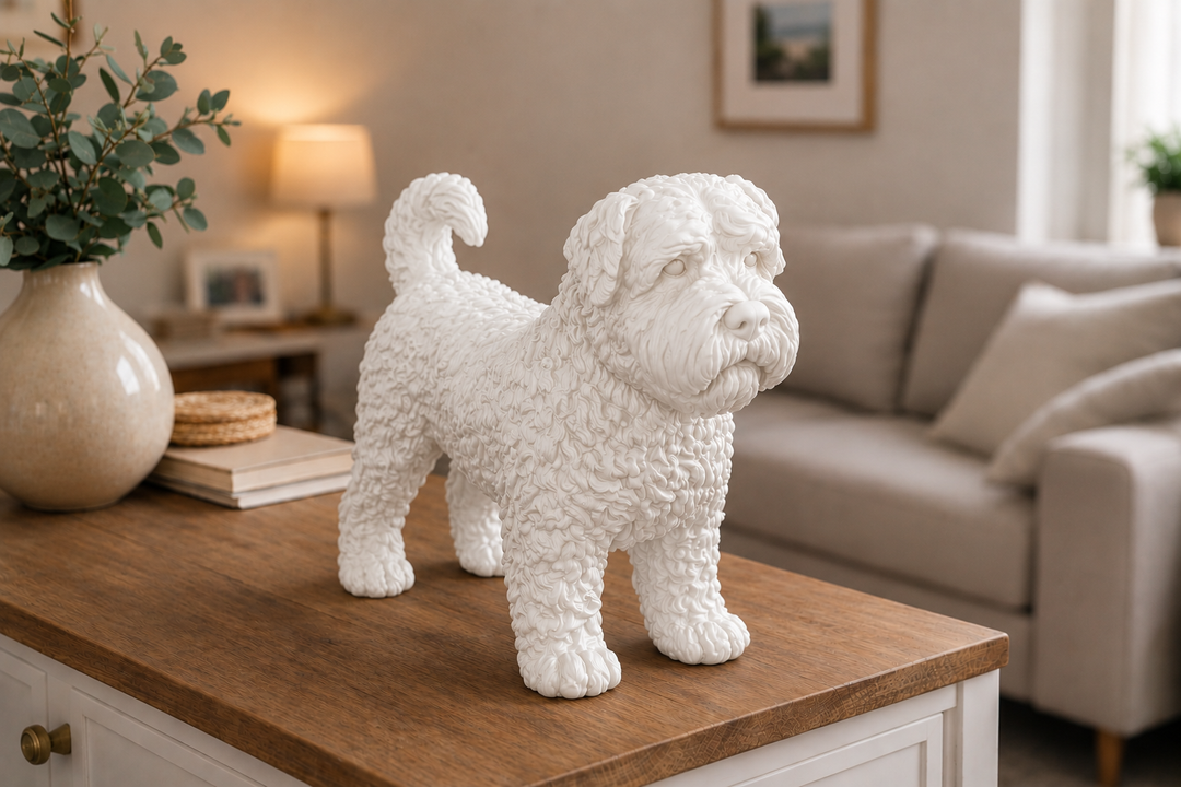 Wit Bouvier des Flandres hondenbeeld voor modern interieur