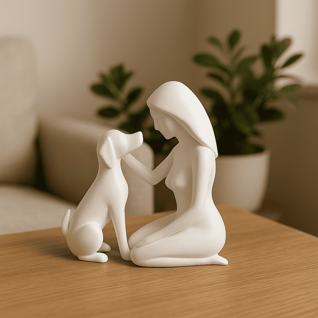 Vrouw met Hond Beeld – Honden Decoratie – PLA – Zwart/Wit/Bruin – 150 mm Hoog – Minimalistisch & Betekenisvol