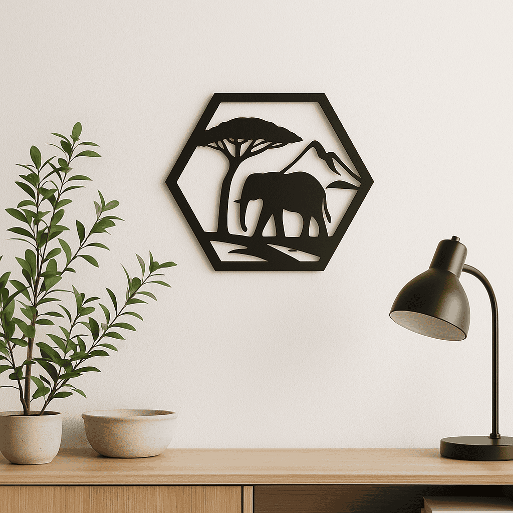 Wanddecoratie Olifant – Silhouet in Hexagon Frame – PLA – Zwart | Antraciet | Grijs | Wit – 175×151 mm