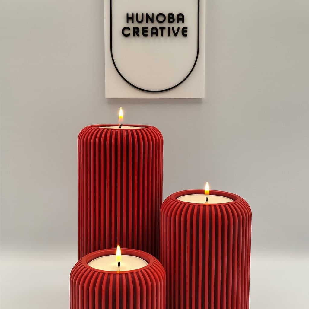 Waxinelichthouderset Ribbel – set van 3 maten – PLA – zwart/wit/grijs/rood – modern geribbeld design & sfeervol lichtspel