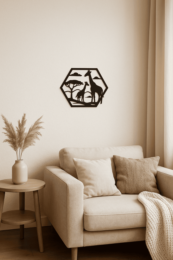 Wanddecoratie Giraffen – Silhouet in Hexagon Frame – PLA – Zwart | Antraciet | Grijs | Wit – 175×151 mm