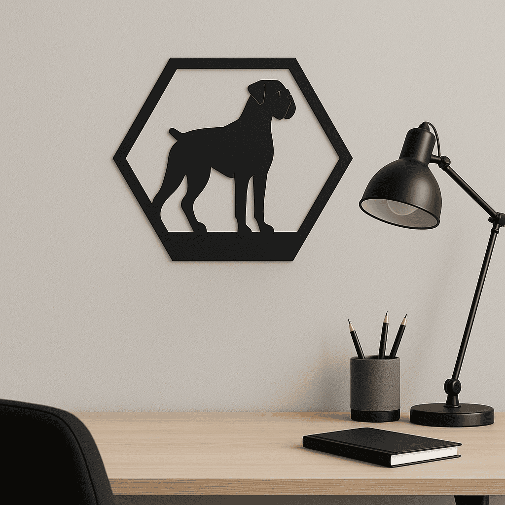 Wanddecoratie Boxer – Honden Silhouet in Hexagon Frame – PLA – Zwart | Antraciet | Grijs | Wit – 175×151 mm