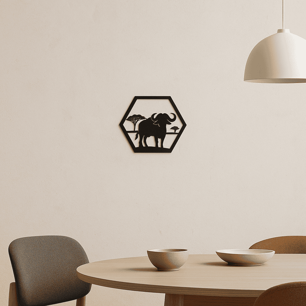 Wanddecoratie Buffel – Savanne Silhouet in Hexagon Frame – PLA – Zwart | Antraciet | Grijs | Wit – 175×151 mm