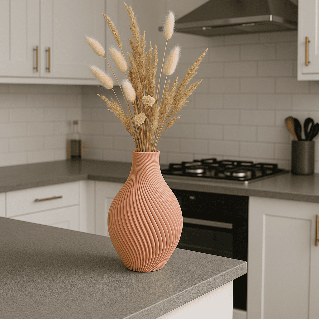 Siervaas Spiraal Chic – decoratieve droogbloemenvaas – PLA – zwart/wit/antraciet/zalmroze – spiraal ribbel design – 150 mm