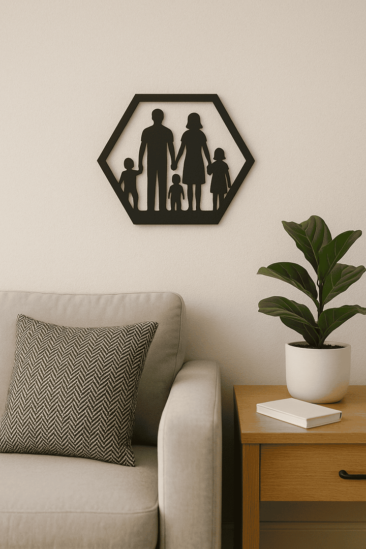 Wanddecoratie Familie – 2 Ouders & 3 Kinderen – Silhouet in Hexagon Frame – PLA – Zwart | Antraciet | Grijs | Wit – 175×151 mm