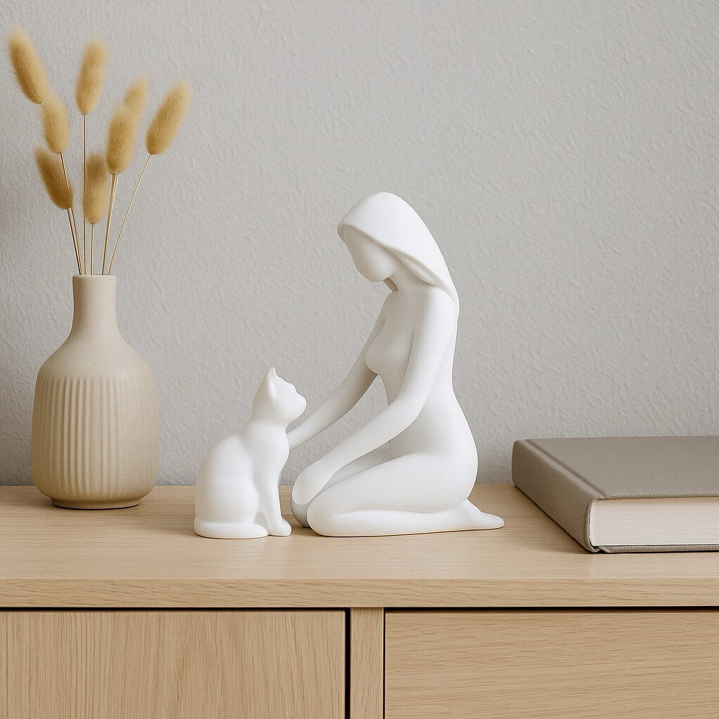 Wit vrouw met kat beeld op kast naast boeken