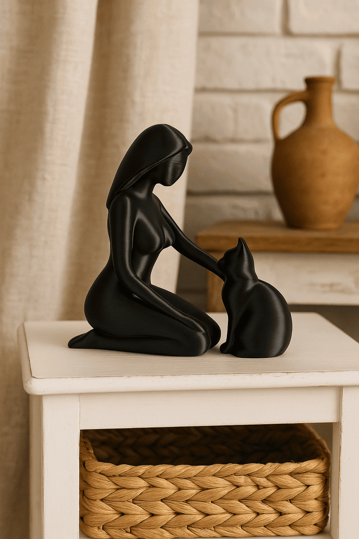 Zwart vrouw met kat beeld op houten plank