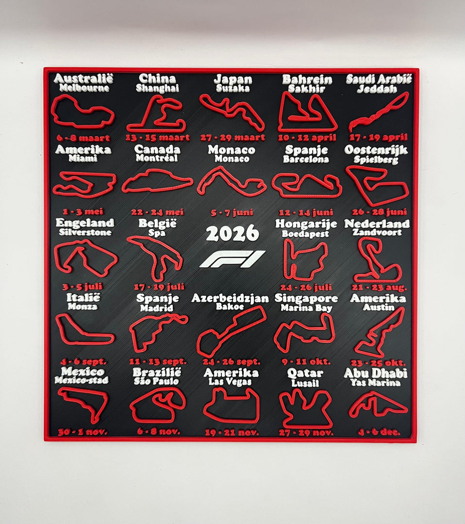 Formule 1 kalender 2026 3D circuit overzicht frontaal weergegeven