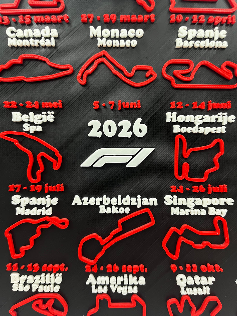 Close-up van Formule 1 kalender 2026 met F1 logo en jaartal