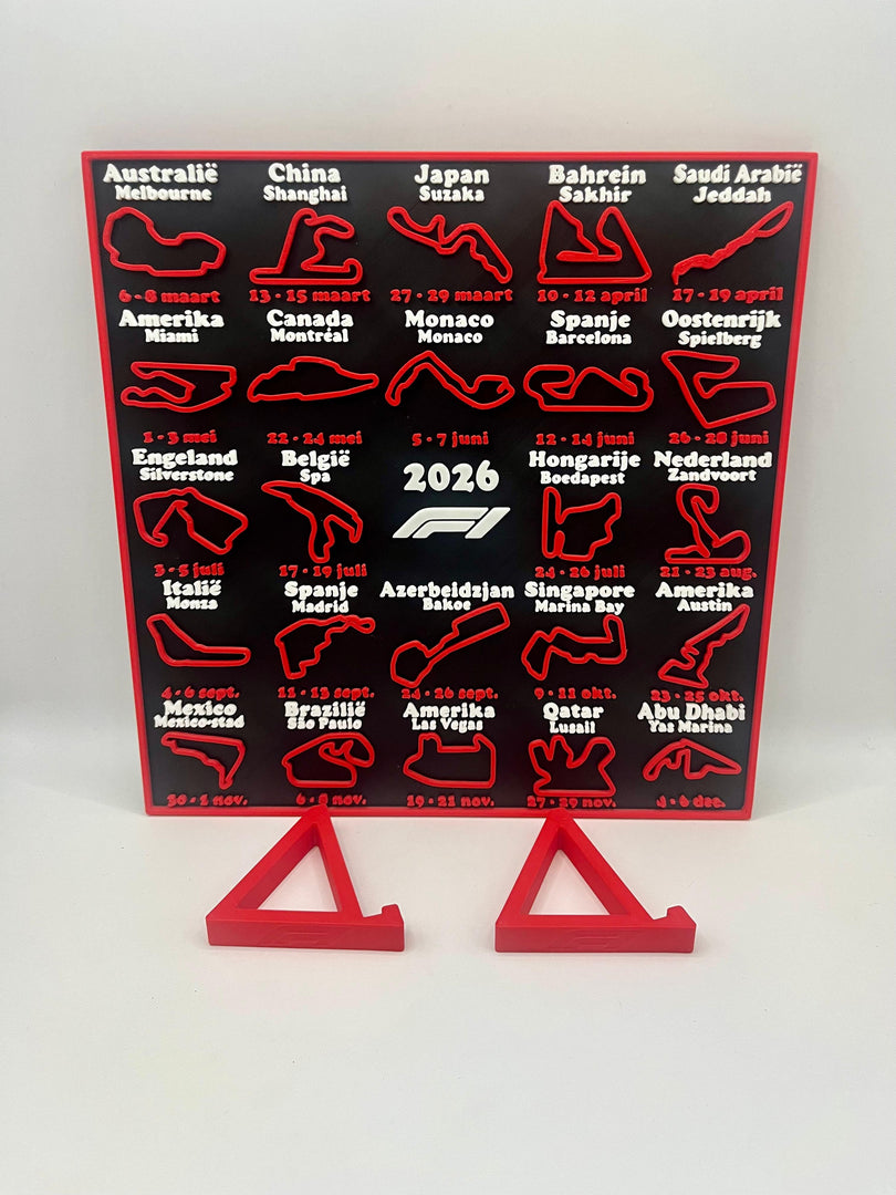 Formule 1 kalender 2026 met losse standaardvoetjes voor het neerzetten van het display