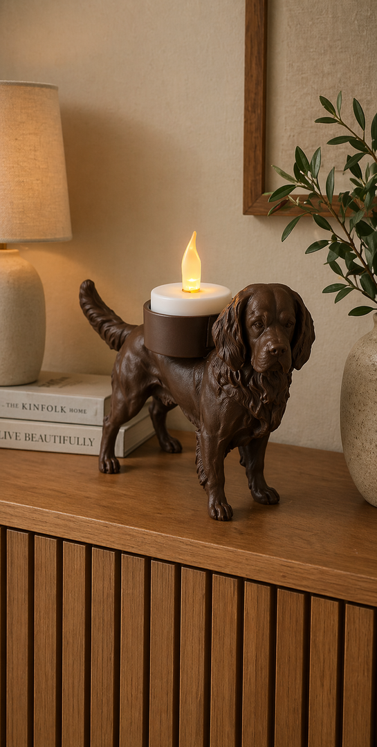     Bruine Gordon Setter hond waxinelichthouder op houten kast met warme verlichting in modern interieur.