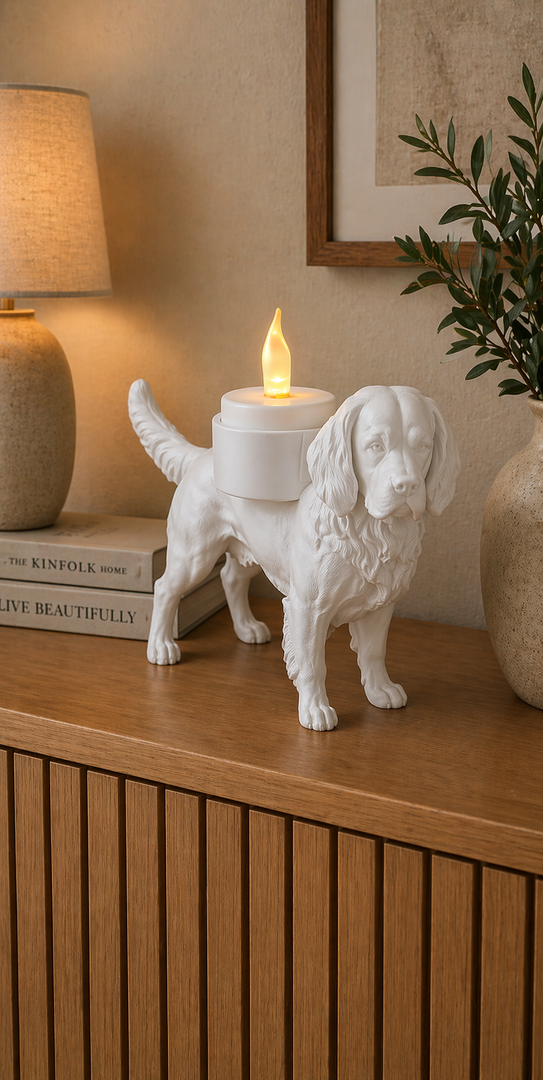     Witte Gordon Setter hond waxinelichthouder op houten kast in sfeervolle huiselijke omgeving.