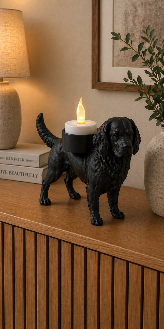     Zwarte Gordon Setter hond waxinelichthouder op houten kast in warme huiselijke woonkamer setting.