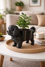 Decoratieve honden bloempot in zwarte kleur op kast in stijlvol woonkamer interieur