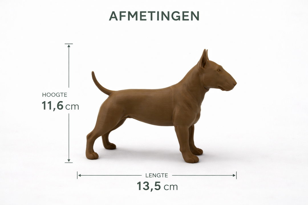 Hunoba Creative bruin Bull Terrier beeldje met afmetingen 13,5 cm lengte en 11,6 cm hoogte
