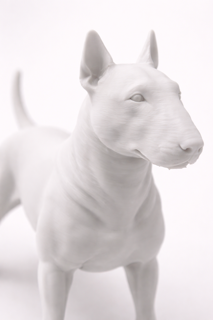 Hunoba Creative detailfoto van wit Bull Terrier beeldje met zichtbare vormdetails en hoogwaardige afwerking