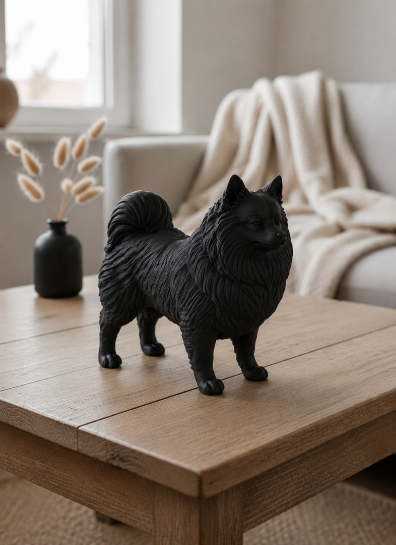Zwart Keeshond hondenbeeld als moderne woondecoratie