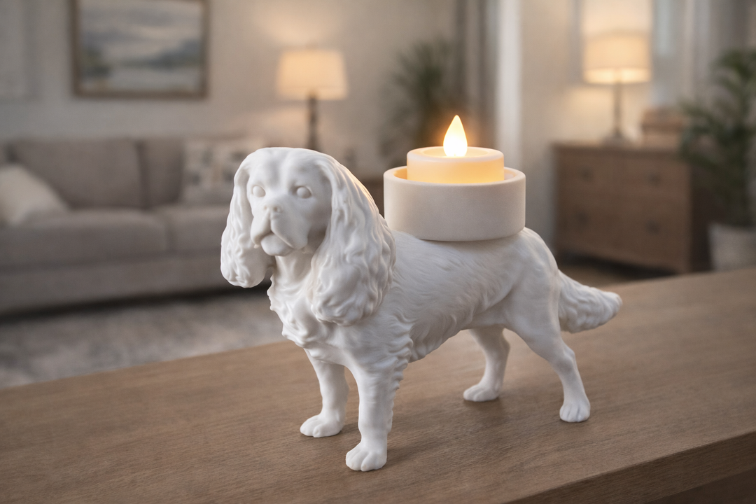 Witte King Charles Spaniel waxinelichthouder met LED-waxinelichtje voor stijlvolle woondecoratie