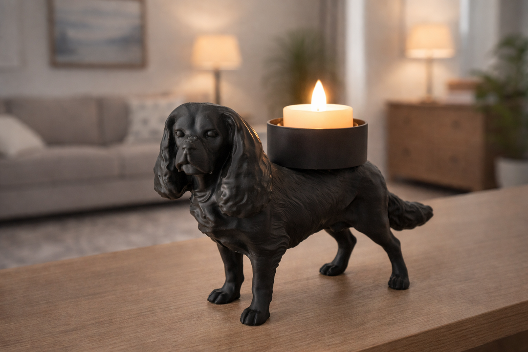 Zwarte King Charles Spaniel waxinelichthouder met LED-kaarsje als decoratieve hond woonaccessoire