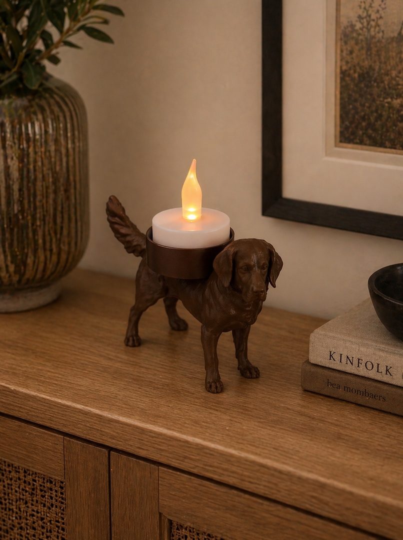 Bruine Kleine Münsterländer hond waxinelichthouder met LED waxinelichtje op kast in sfeervol interieur.