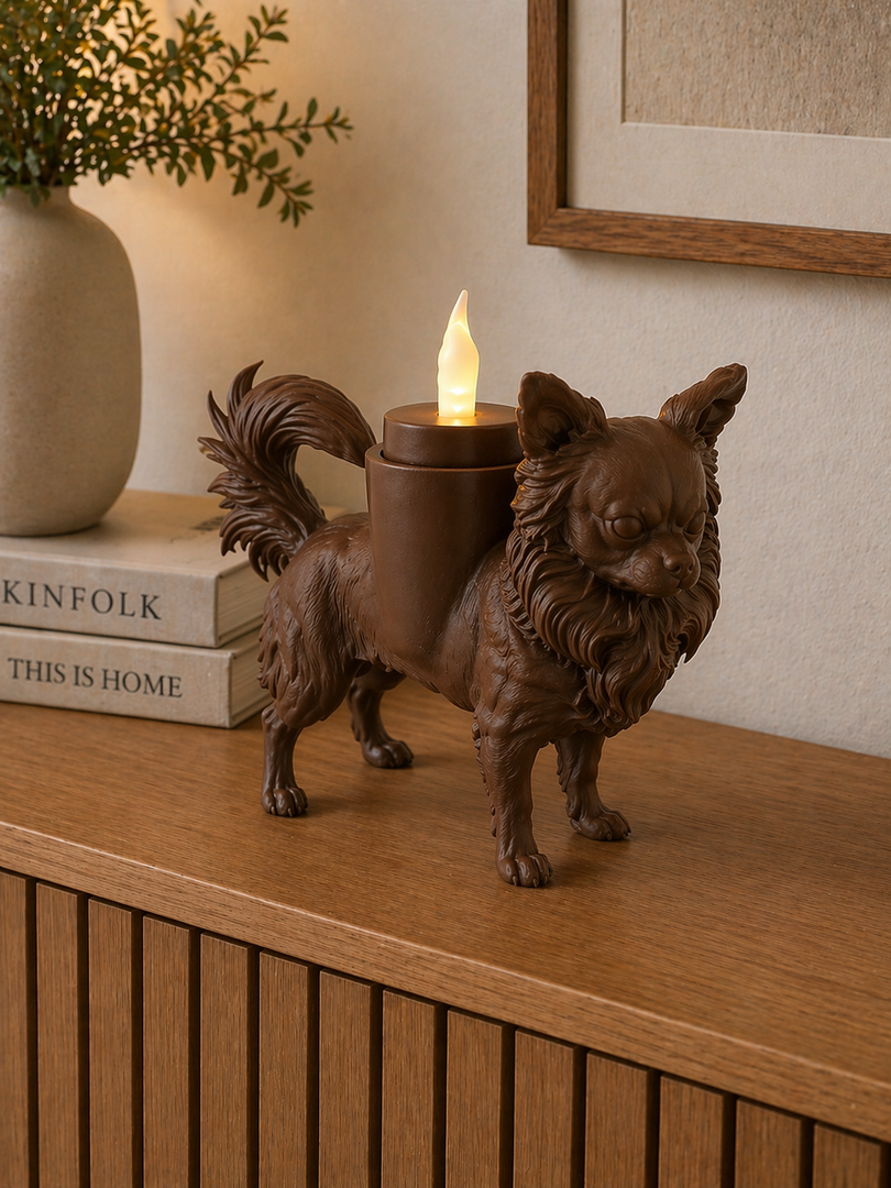     Bruine langharige Chihuahua hond waxinelichthouder op houten kast in sfeervolle huiselijke omgeving.