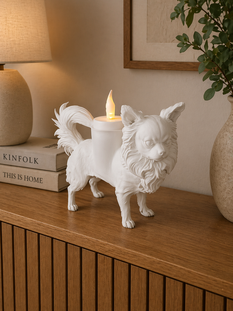     Witte langharige Chihuahua hond waxinelichthouder op houten kast met warme verlichting in modern interieur.