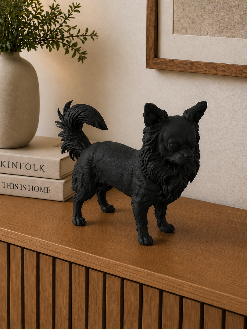 Zwart Langharige Chihuahua hondenbeeld als moderne woondecoratie