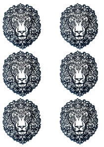 Set van zes zwarte leeuw onderzetters met gedetailleerd uitgesneden leeuwenkop design voor koffie- en theekopjes.
