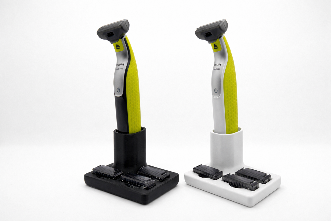 OneBlade houder in zwart en wit met oplaadfunctie en opbergvakken voor opzetstukken