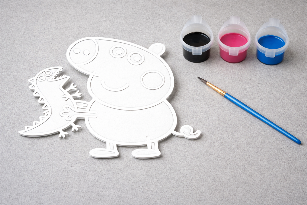Peppa Pig George verfbaar figuur met drie verfpotjes en penseel, DIY knutselset voor kinderen om zelf te schilderen.