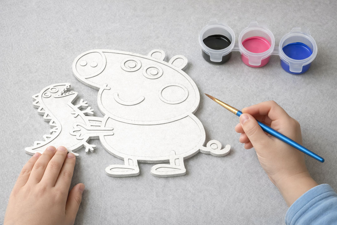 Peppa Pig George verfbaar figuur met drie verfpotjes en penseel, DIY knutselset voor kinderen om zelf te schilderen en creatief bezig te zijn.