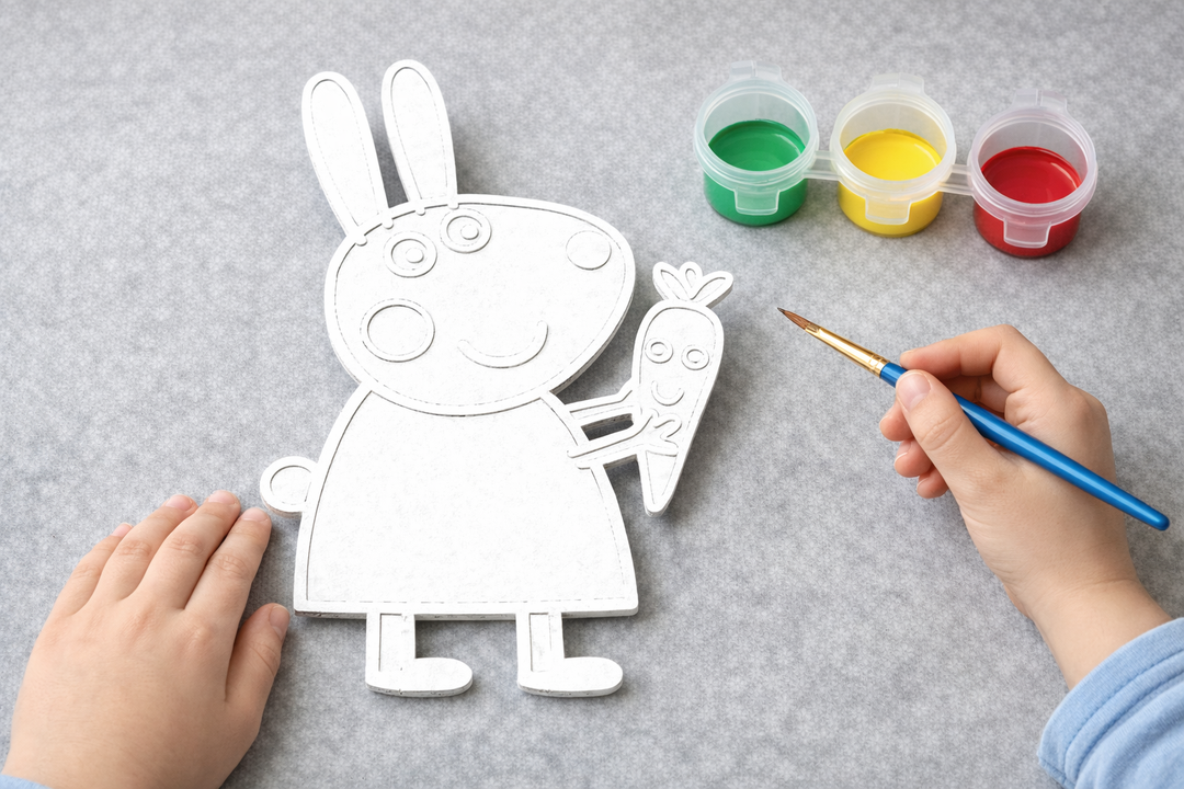Rebecca Rabbit verfbaar figuur uit Peppa Pig met verfpotjes en penseel, creatieve knutselset voor kinderen van Hunoba Creative