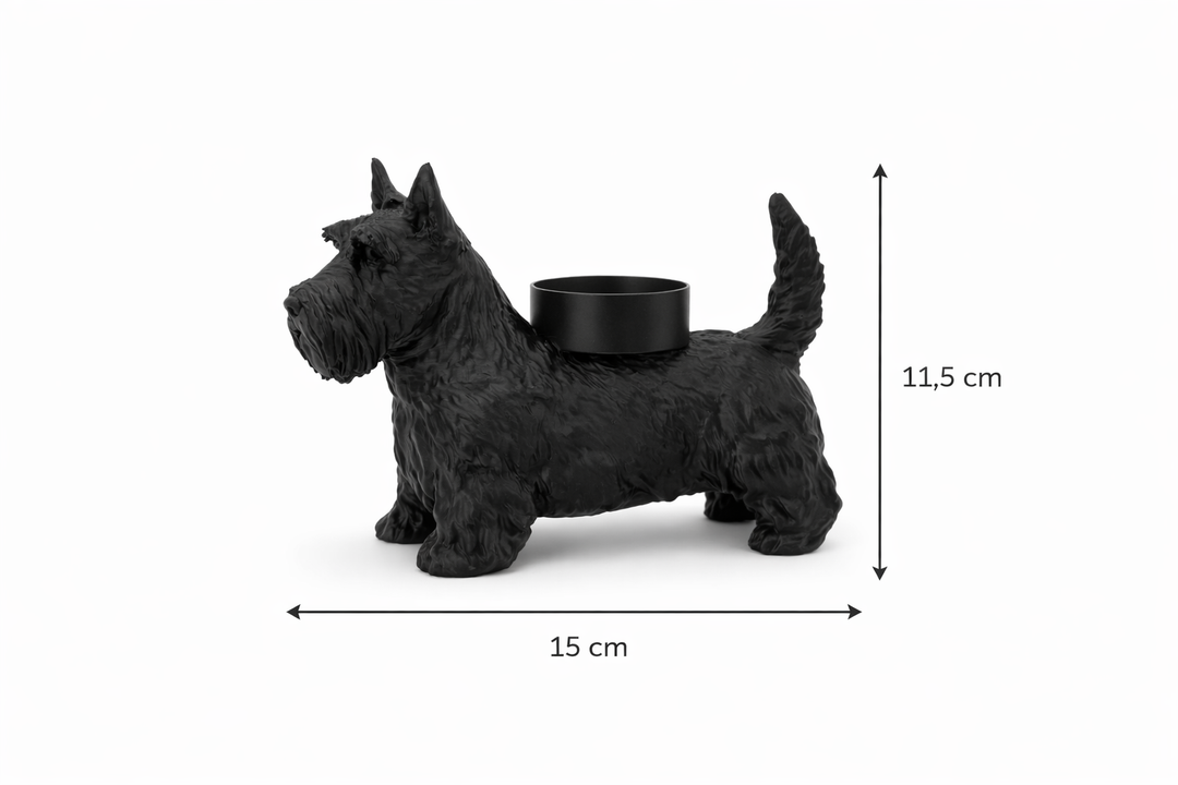 Scottie waxinelichthouder met afmetingen 15 cm lang en 11,5 cm hoog