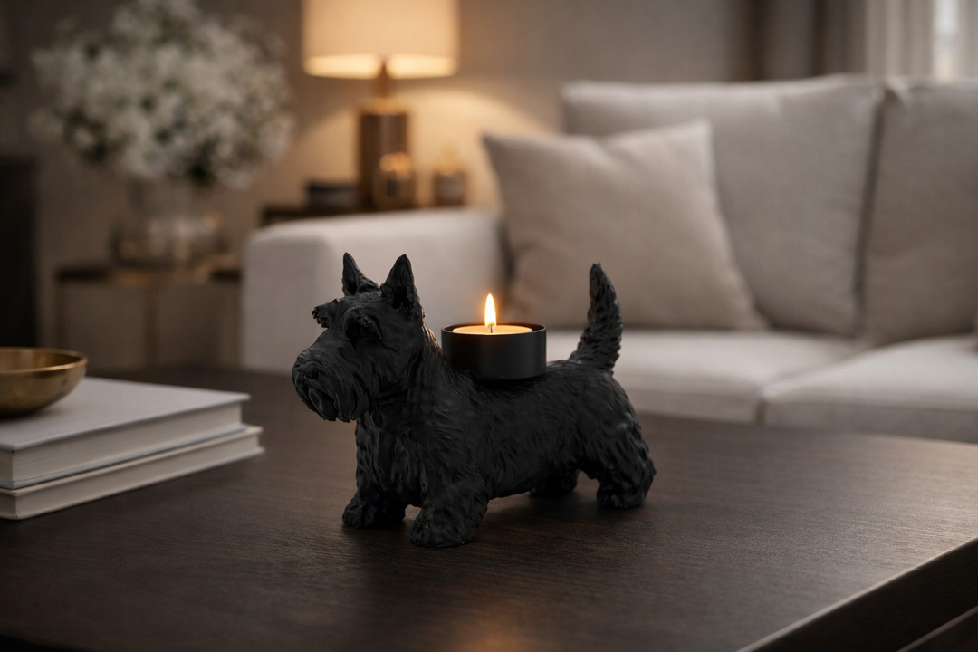 Zwarte Scottie waxinelichthouder met LED waxinelicht in warm modern interieur