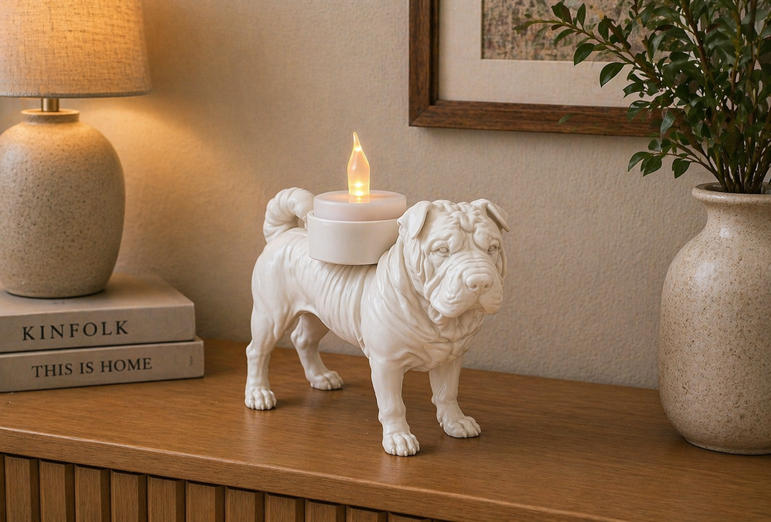     Witte Shar Pei hond waxinelichthouder op houten kast in sfeervolle huiselijke omgeving.