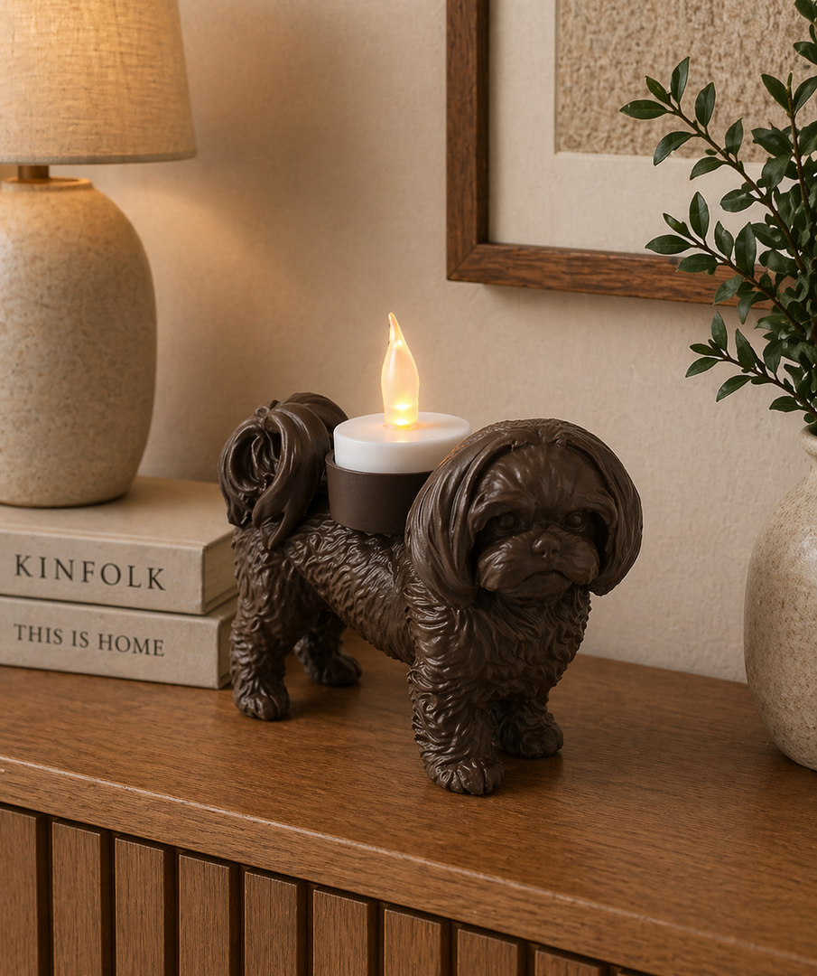     Bruine Shih Tzu hond waxinelichthouder op houten kast in warme huiselijke woonkamer setting.