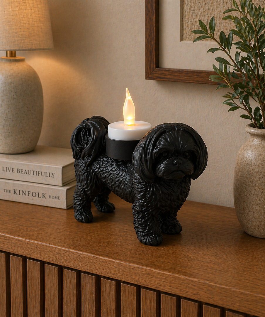     Zwarte Shih Tzu hond waxinelichthouder op houten kast met warme verlichting in modern interieur.